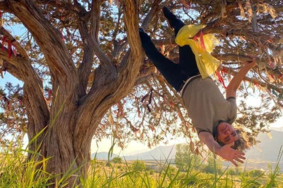 Profesörden ilginç eylem: Dilek ağacına çaput yerine kendini bağladı