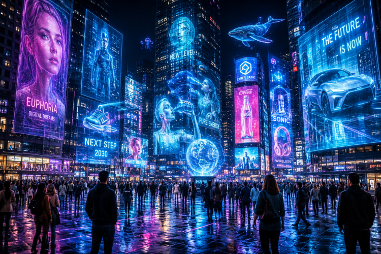 Hologram reklamlarla dolu şehir meydanı