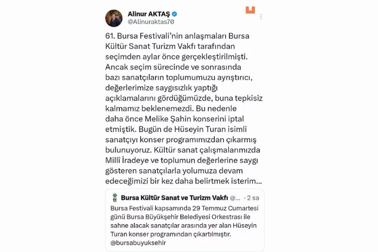 Bursa Büyükşehir Belediyesi, Hüseyin Turan konserini iptal etti