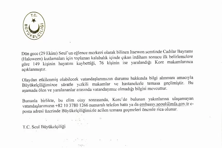 Türkiye'nin Seul Büyükelçiliği: "Olayda ölen veya yaralanan vatandaşımız yok"